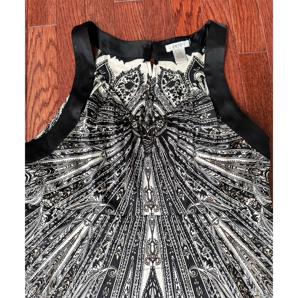 Cache Silk Black White Unique Pattern Beaded Embellished Asymmetrical Satin Top - Picture 4 of 12
